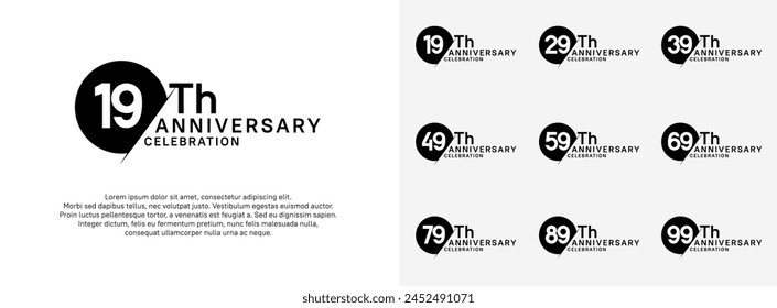 anniversary logo style vector sets. black circle and white number for celebration