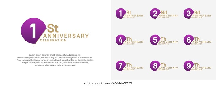 anniversary logo style vector sets. purple circle and white number for celebration