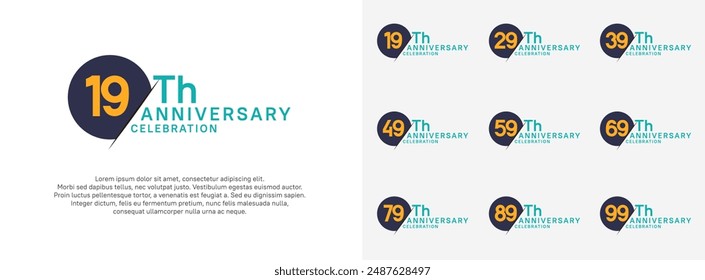 anniversary logo style vector sets. blue circle and yellow number for celebration