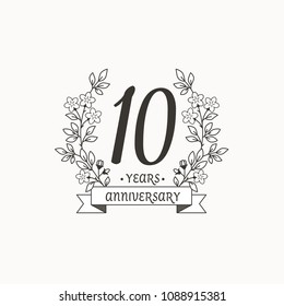 Anniversary logo template with ribbon and flowers, 10 years