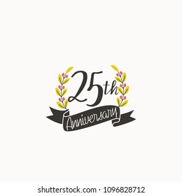 Anniversary logo template with ribbon and wreath, 25th