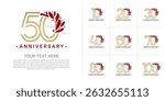 Anniversary logo type set with double line number and red floral ornament. golden color for celebration event