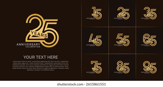 Anniversary logo type set with double line number. golden and silver color with ribbon can be use special moment