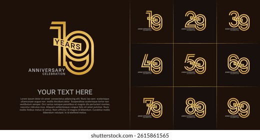 Anniversary logo type set with double line number. golden and silver color with ribbon can be use special moment