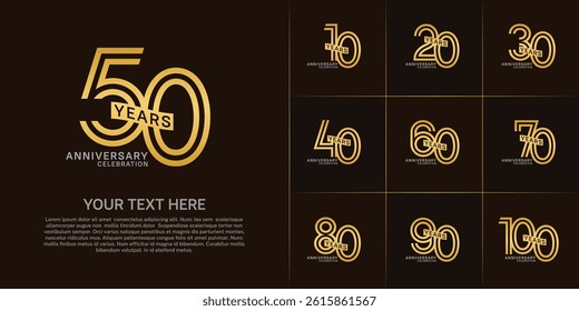 Anniversary logo type set with double line number. golden and silver color with ribbon can be use special moment