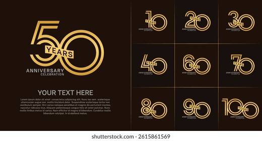 Anniversary logo type set with double line number. golden and silver color with ribbon can be use special moment