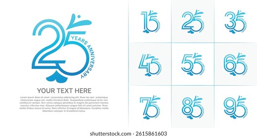 Anniversary logo type set with double line number. blue color with leaf ornament can be use special moment