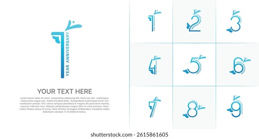 Anniversary logo type set with double line number. blue color with leaf ornament can be use special moment