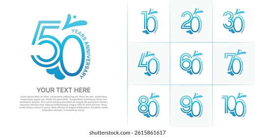 Anniversary logo type set with double line number. blue color with leaf ornament can be use special moment