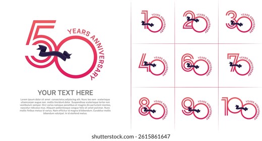 Anniversary logo type set with double line number. purple color with ribbon can be use special moment