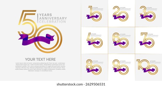 Anniversary logo type set with double line number. golden and silver color with purple ribbon for celebration event