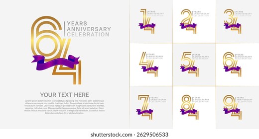 Anniversary logo type set with double line number. golden and silver color with purple ribbon for celebration event