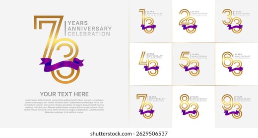 Anniversary logo type set with double line number. golden and silver color with purple ribbon for celebration event
