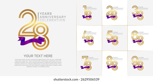 Anniversary logo type set with double line number. golden and silver color with purple ribbon for celebration event