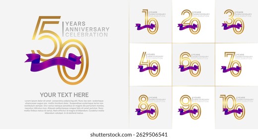Anniversary logo type set with double line number. golden and silver color with purple ribbon for celebration event