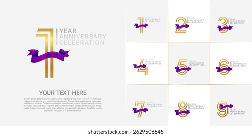 Anniversary logo type set with double line number. golden and silver color with purple ribbon for celebration event