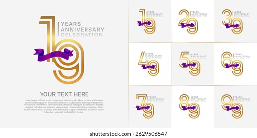 Anniversary logo type set with double line number. golden and silver color with purple ribbon for celebration event