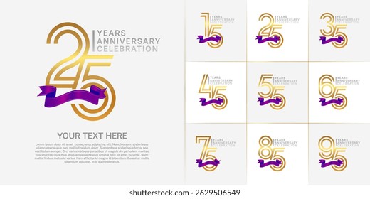 Anniversary logo type set with double line number. golden and silver color with purple ribbon for celebration event