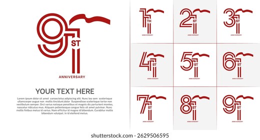 Tipo de logotipo de aniversário definido com número de linha dupla. cor vermelha com fita longa para evento de celebração