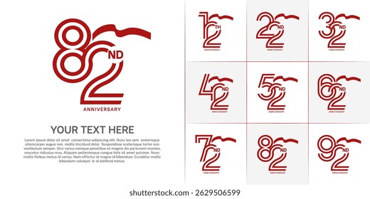 Anniversary logo type set with double line number. red color with long ribbon for celebration event