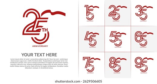 Anniversary logo type set with double line number. red color with long ribbon for celebration event