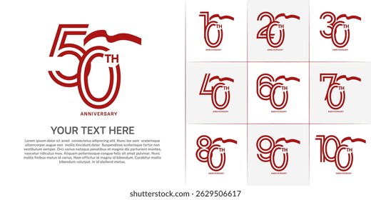 Anniversary logo type set with double line number. red color with long ribbon for celebration event