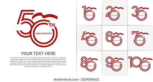 Anniversary logo type set with double line number. red color with long ribbon for celebration event