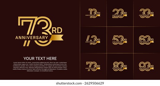 Anniversary logo type set with double line number. golden color with small ribbon for celebration event