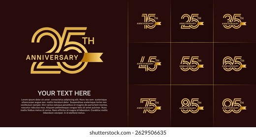 Anniversary logo type set with double line number. golden color with small ribbon for celebration event