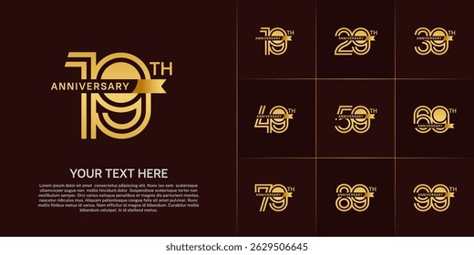 Anniversary logo type set with double line number. golden color with small ribbon for celebration event