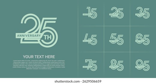 Anniversary logo type set with double line number. green color with ribbon for celebration event