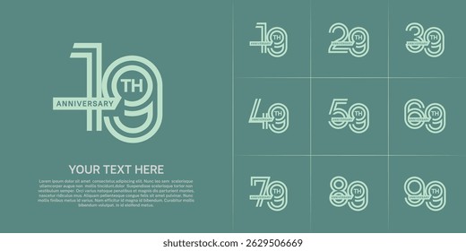 Anniversary logo type set with double line number. green color with ribbon for celebration event