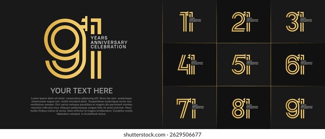 Tipo de logotipo de aniversário definido com número de linha dupla. cor dourada e prateada para evento de celebração