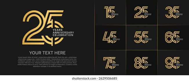 Anniversary logo type set with double line number. golden and silver color for celebration event