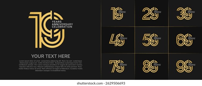 Anniversary logo type set with double line number. golden and silver color for celebration event