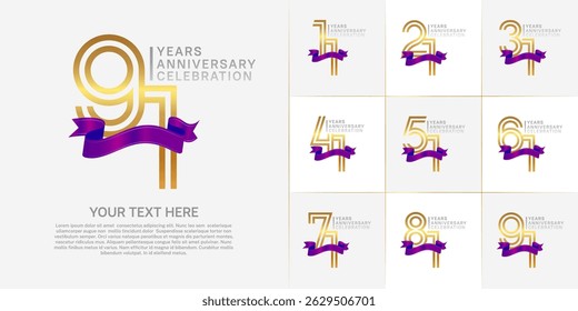 Anniversary logo type set with double line number. golden and silver color with purple ribbon for celebration event
