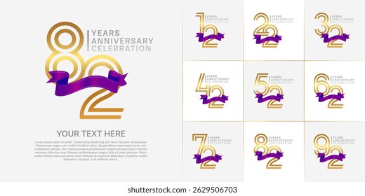 Anniversary logo type set with double line number. golden and silver color with purple ribbon for celebration event