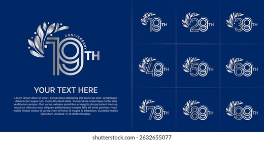 Anniversary logo type set with double line number and floral ornament. silver color for celebration event