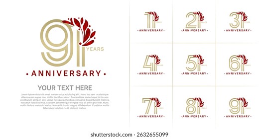 Tipo de logotipo de aniversário definido com número de linha dupla e ornamento floral vermelho. cor dourada para evento de celebração