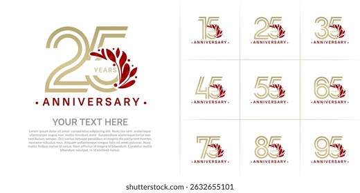 Anniversary logo type set with double line number and red floral ornament. golden color for celebration event