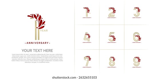 Tipo de logotipo de aniversário definido com número de linha dupla e ornamento floral vermelho. cor dourada para evento de celebração
