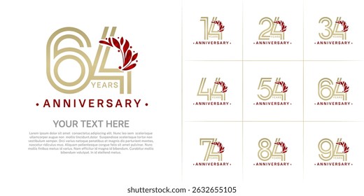 Anniversary logo type set with double line number and red floral ornament. golden color for celebration event
