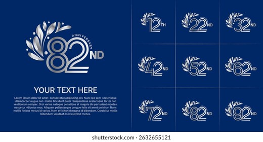 Anniversary logo type set with double line number and floral ornament. silver color for celebration event
