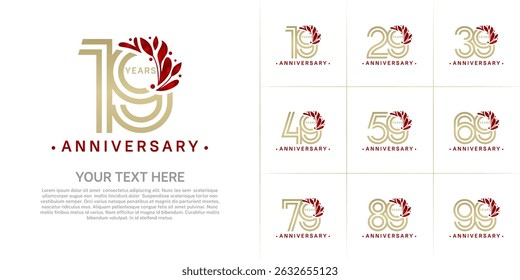 Anniversary logo type set with double line number and red floral ornament. golden color for celebration event