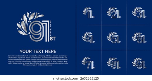 Tipo de logotipo de aniversário definido com número de linha dupla e ornamento floral. cor prateada para evento de celebração