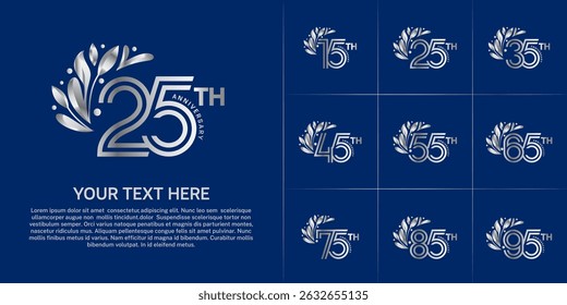 Anniversary logo type set with double line number and floral ornament. silver color for celebration event