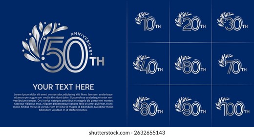 Anniversary logo type set with double line number and floral ornament. silver color for celebration event