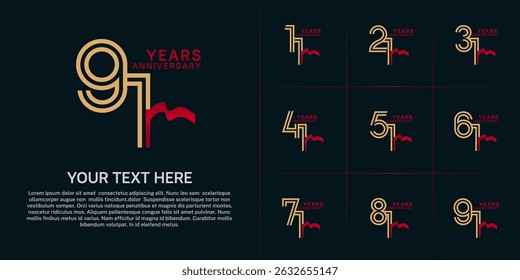 Anniversary logo type set with double line number. golden color and red ribbon for celebration event