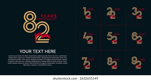 Anniversary logo type set with double line number. golden color and red ribbon for celebration event