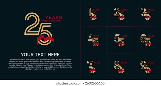 Anniversary logo type set with double line number. golden color and red ribbon for celebration event